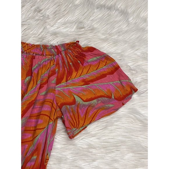 Cynthia Rowley Bright Tropical Top Off Shoulder Smocked Waist Short Sleeve SZ S - Picture 3 of 12